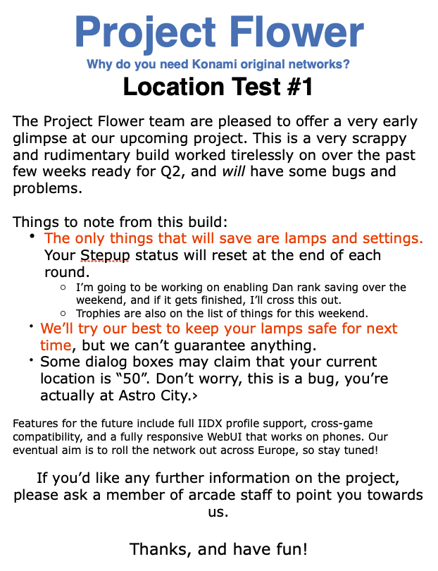 The poster displayed by the side of the IIDX cabinet for Location Test 1 (22-25th May 2015)